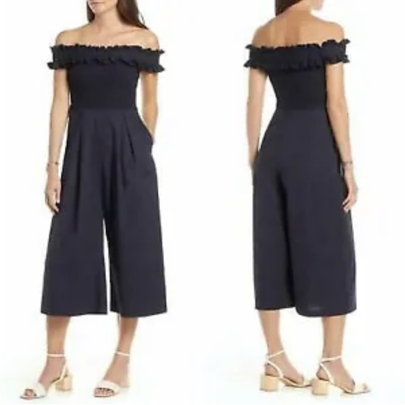 Nordstrom 1901 Cotton Smocked Ruffle Off Shoulder Wide Leg Cropped Jumpsuit - Picture 1 of 15